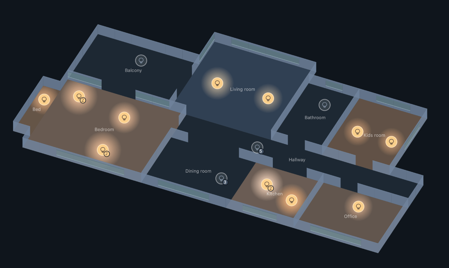 LightLayout showing a home floor plan where every Hue light glows in the room it actually sits in